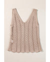Pale Khaki Scalloped Hem V Neck Crochet Knit Vest - M