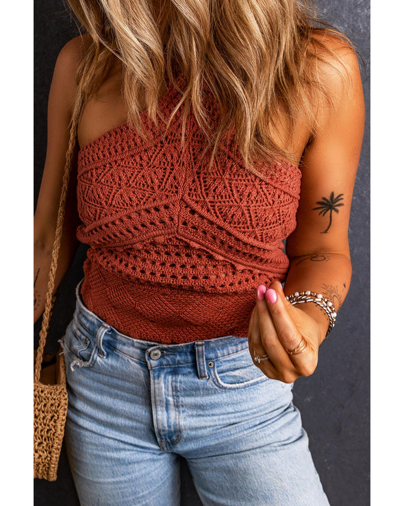 Red Clay Knit Crochet Halter Neck Backless Tank Top - XL