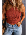 Red Clay Knit Crochet Halter Neck Backless Tank Top - XL