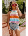 Multicolour Wavy Striped Print Textured Knit Sleeveless Sweater Top - L