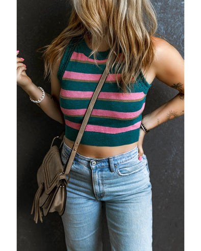 Pink Stripe Sleeveless Knit Cropped Sweater Top - L