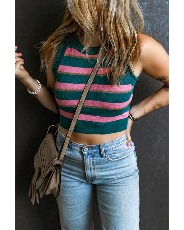 Pink Stripe Sleeveless Knit Cropped Sweater Top - XL