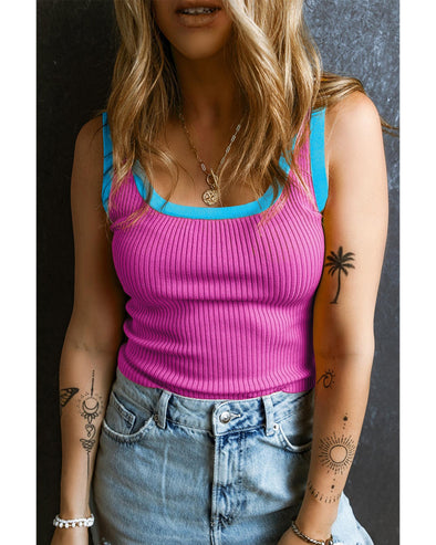 Bright Pink Colorblock Edge Ribbed Knit U Neck Tank Top - L