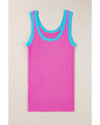 Bright Pink Colorblock Edge Ribbed Knit U Neck Tank Top - L