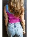 Bright Pink Colorblock Edge Ribbed Knit U Neck Tank Top - M