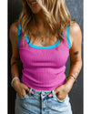 Bright Pink Colorblock Edge Ribbed Knit U Neck Tank Top - M