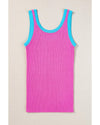 Bright Pink Colorblock Edge Ribbed Knit U Neck Tank Top - M