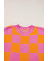Strawberry Pink Colorblock Plaid Pattern Ribbed Trim Sweater Tank Top - L
