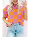 Strawberry Pink Colorblock Plaid Pattern Ribbed Trim Sweater Tank Top - L