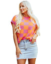 Strawberry Pink Colorblock Plaid Pattern Ribbed Trim Sweater Tank Top - L