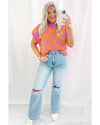 Strawberry Pink Colorblock Plaid Pattern Ribbed Trim Sweater Tank Top - L