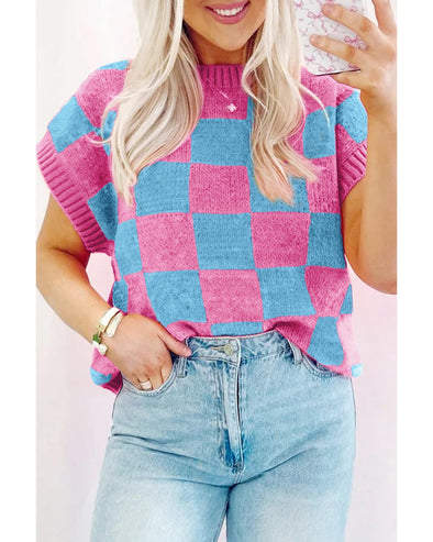 Sachet Pink Colorblock Plaid Pattern Ribbed Trim Sweater Tank Top - XL