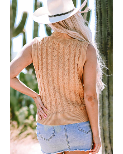 Light French Beige Solid Color Cable Knit High Neck Tank Top - L