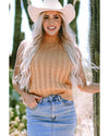 Light French Beige Solid Color Cable Knit High Neck Tank Top - S