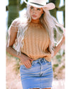 Light French Beige Solid Color Cable Knit High Neck Tank Top - S
