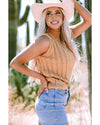 Light French Beige Solid Color Cable Knit High Neck Tank Top - S