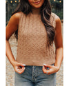 Light French Beige Solid Color Cable Knit High Neck Tank Top - S