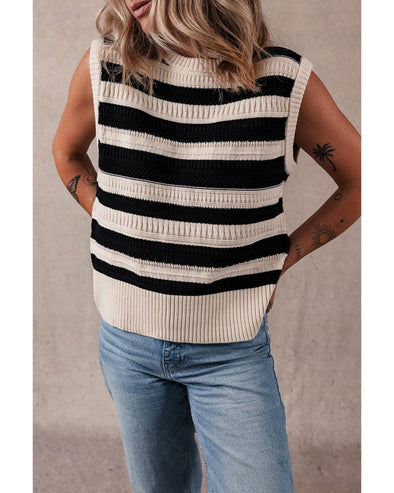 Black Stripe Ribbed Trim Knitted Sweater Vest - L
