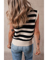 Black Stripe Ribbed Trim Knitted Sweater Vest - L