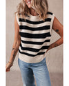 Black Stripe Ribbed Trim Knitted Sweater Vest - L