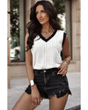 White Contrast Trim Eyelet Knit Colorblock V Neck Sweater Vest - L