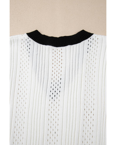 White Contrast Trim Eyelet Knit Colorblock V Neck Sweater Vest - XL