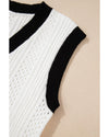 White Contrast Trim Eyelet Knit Colorblock V Neck Sweater Vest - XL