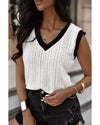 White Contrast Trim Eyelet Knit Colorblock V Neck Sweater Vest - XL