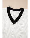 White Contrast Trim Eyelet Knit Colorblock V Neck Sweater Vest - XL