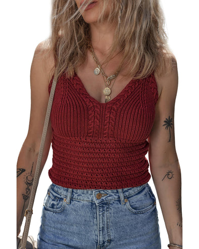 Burgundy Cable Knit Pointelle Slim Fit V Neck Sweater Vest - L
