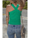 Dark Green Ribbed Criss Cross Halter Neck Sheath Sweater Tank Top - M