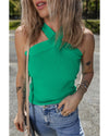 Dark Green Ribbed Criss Cross Halter Neck Sheath Sweater Tank Top - XL
