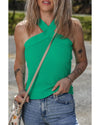 Dark Green Ribbed Criss Cross Halter Neck Sheath Sweater Tank Top - XL