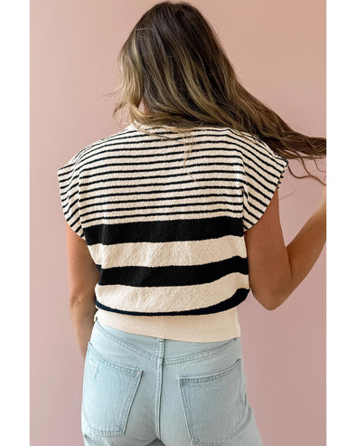 Black white Striped O Neck Sweater Vest - M