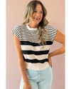 Black white Striped O Neck Sweater Vest - M