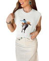 White Western Cowboy Embroidery Round Neck Sleeveless Sweater - L