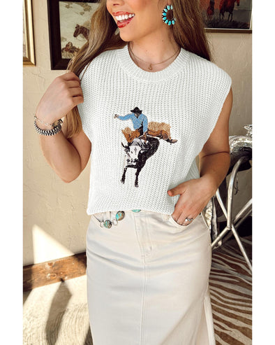 White Western Cowboy Embroidery Round Neck Sleeveless Sweater - XL