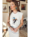 White Western Cowboy Embroidery Round Neck Sleeveless Sweater - XL