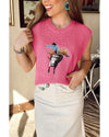 Bright Pink Western Cowboy Embroidery Round Neck Sleeveless Sweater - M