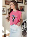 Bright Pink Western Cowboy Embroidery Round Neck Sleeveless Sweater - M