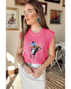 Bright Pink Western Cowboy Embroidery Round Neck Sleeveless Sweater - S