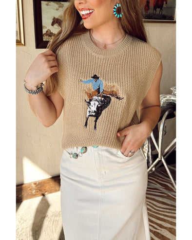 Parchment Western Cowboy Embroidery Round Neck Sleeveless Sweater - XL