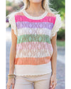 Rose Stripe Colorblock Hollowed Knit Scallop Edge Sweater Vest - L