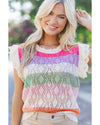 Rose Stripe Colorblock Hollowed Knit Scallop Edge Sweater Vest - M