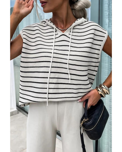 White Stripe Drawstring Hooded Loose Sweater T Shirt - XL