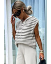 White Stripe Drawstring Hooded Loose Sweater T Shirt - XL