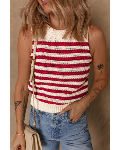 Red Stripe Textured Knit Ribbed Hem Sweater Tank Top - M