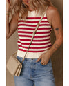 Red Stripe Textured Knit Ribbed Hem Sweater Tank Top - M