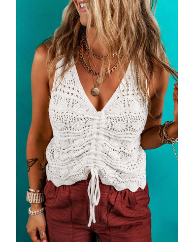 Beige Trendy Hollowed Knit V Neck Drawstring Sweater Vest - L
