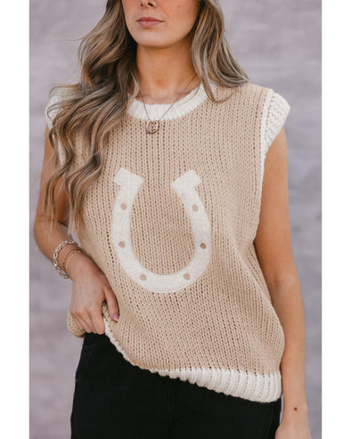 Oatmeal Woven Horseshoe Color Contrast Trim Sweater Vest - M